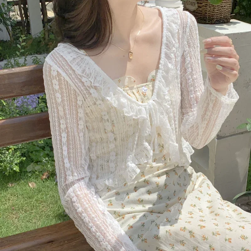 여성 여름 자외선 차단 코트 레이스 리본 러플 가디건 셔츠 여성 블라우스 탑 여성용 블루사 화이트 Y2K 한국 스타일 셔츠