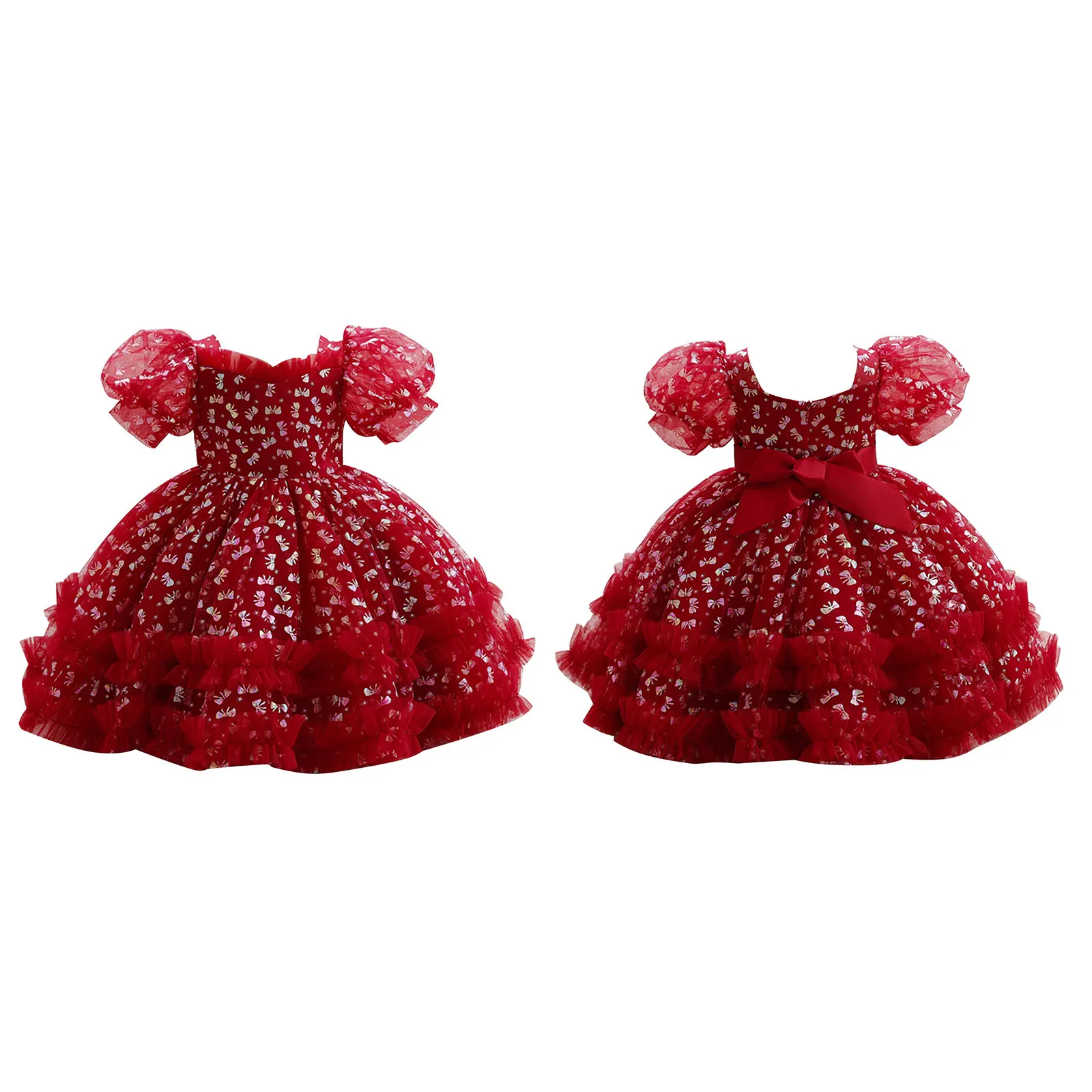 

ZDHoor Baby Girls Toddlers Princess Dress Short Bubble Sleeve Bowknot Print Frilly Tulle Dress Wedding Flower Performance Dress
