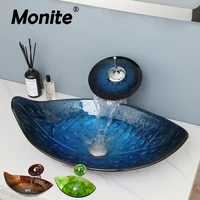 MONITE Leaf Style Bathroom Sink Faucet Set 3 Color Styles Tempered Glass Hand Painted Washbasin W/ Waterfall Tap & Pop-up Drain 1