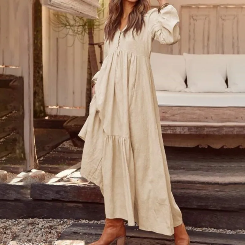 

Bohemian Shirt Dress Women's Long Sundress2023 Spring Elegant Casual V Neck Ruflle Vestido Female Long Sleeve Tunic Robe