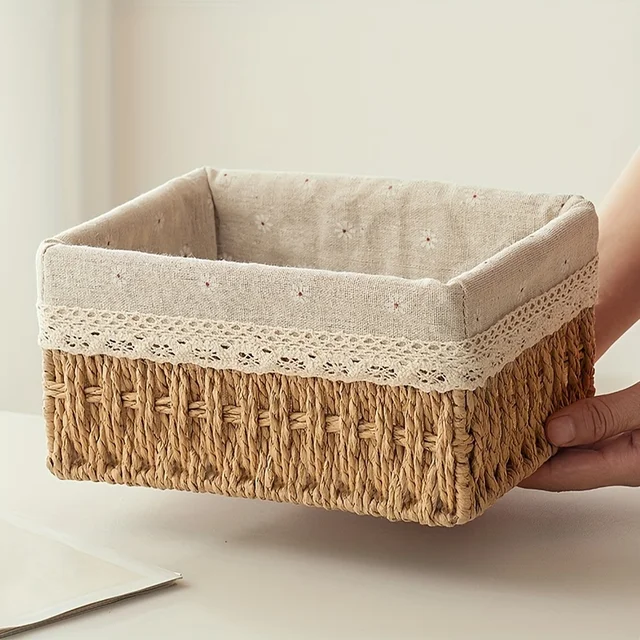 1pc Handmade Rattan Storage Basket, Desktop Rattan Storage Basket with Removable Lace Lining, Suitable for Cosmetic Storage 1