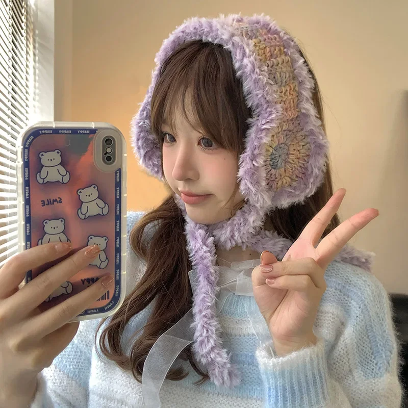 

Y2K Gradual Change Color Knitted Earmuffs for Women Autumn and Winter Korean Retro Plush Warm Versatile Cute Strap Beanies