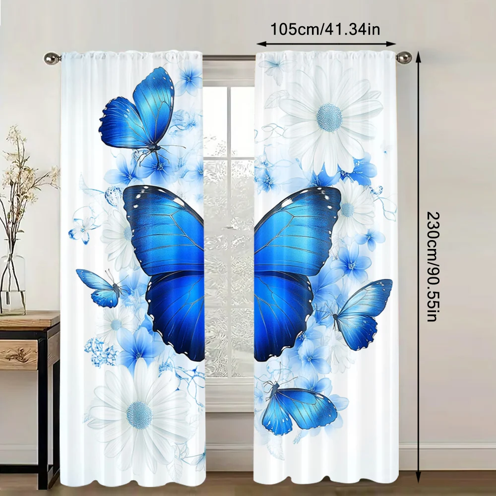 2Pc Contemporary Polyester Window Curtain With Blue Butterflies Floral Print Machine Washable For Bedroom Living Room Dining 4