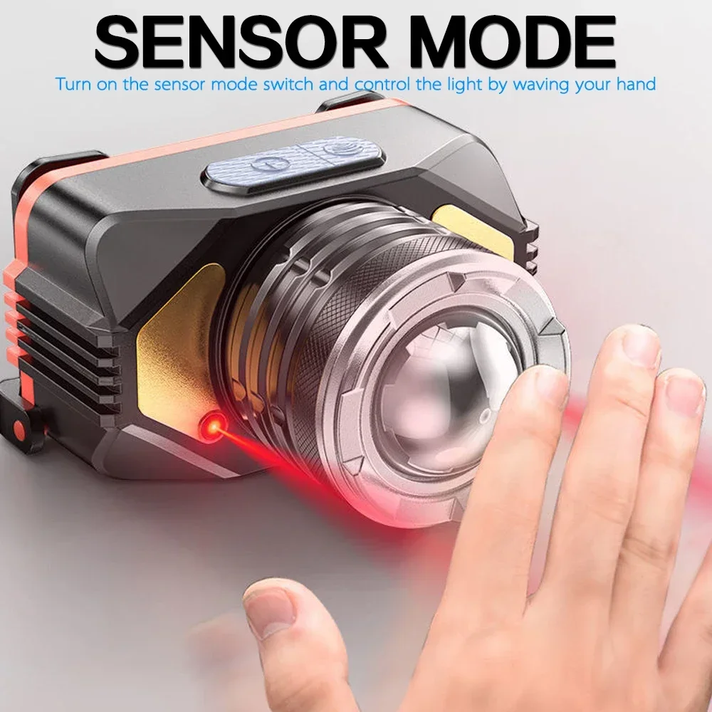 슈퍼 브라이트 LED 헤드램프, USB 충전식, 방수 헤드 손전등, 유도 헤드 램프, 캠핑 낚시 사냥용