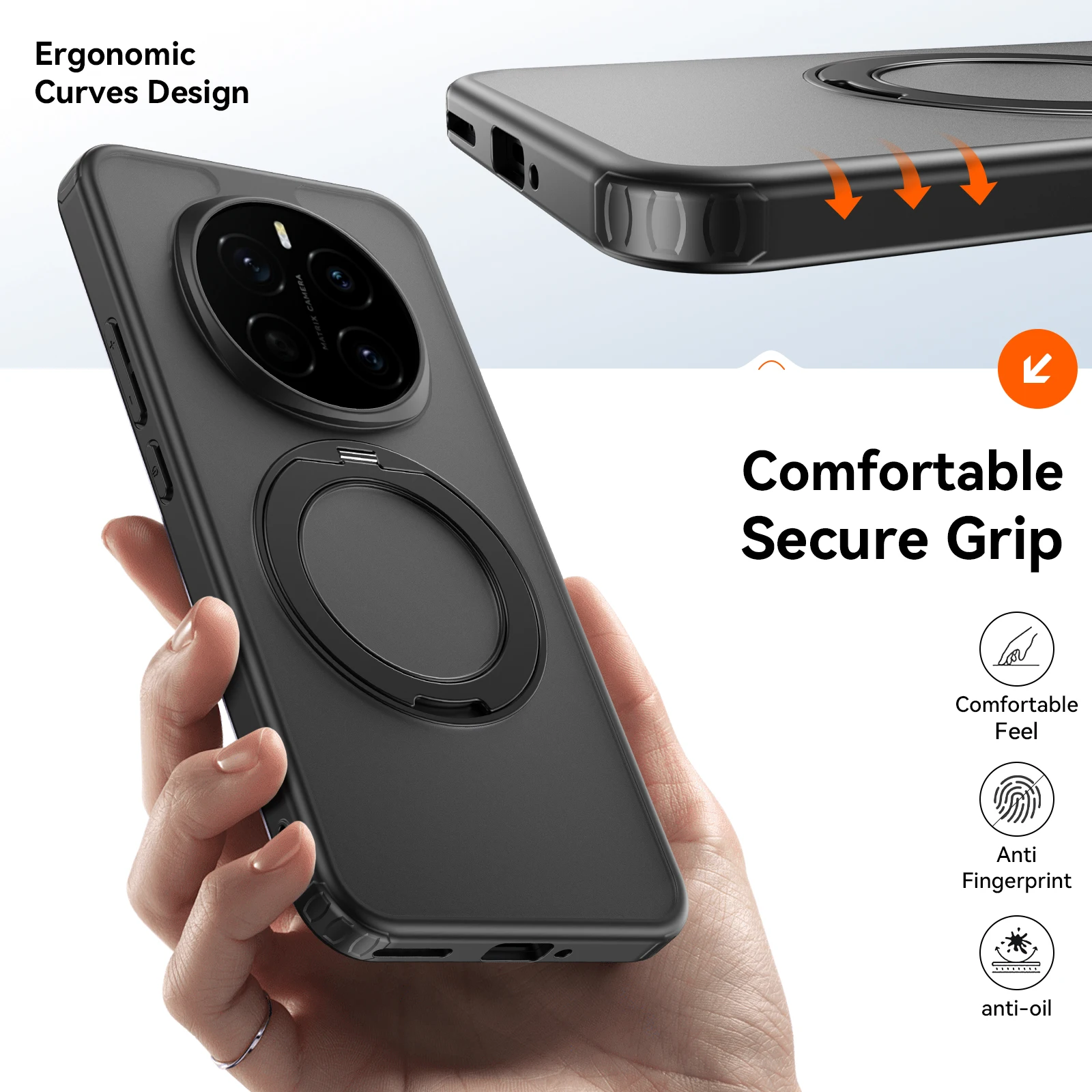 360° Rotating Magnetic Metal Ring Stand Phone Case - Translucent Frosted Shockproof Cover