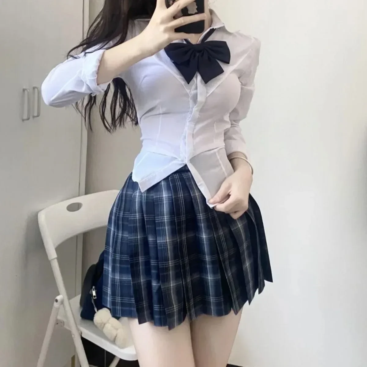 S-8xl plus size American Jk school uniform original uniform bow pleated skirt college style slim shirt high waist skirt suit japanese school uniform