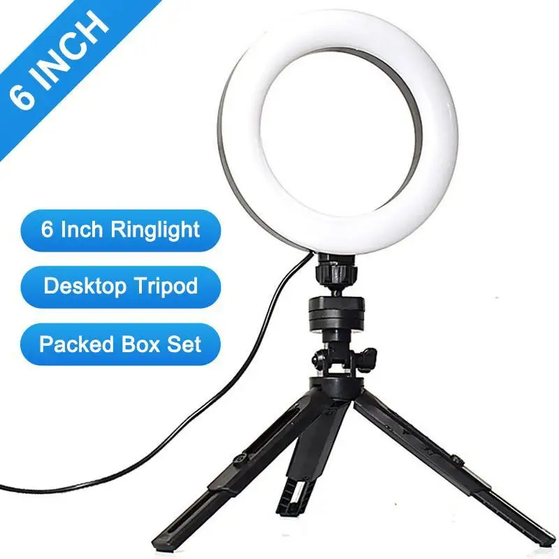 Description Picture 2 of item6 Inch Mini Selfie Ring Light Desktop LED Lamp With Tripod Stand USB Plug Dimmable Photography Video Light For YouTuber Vlog