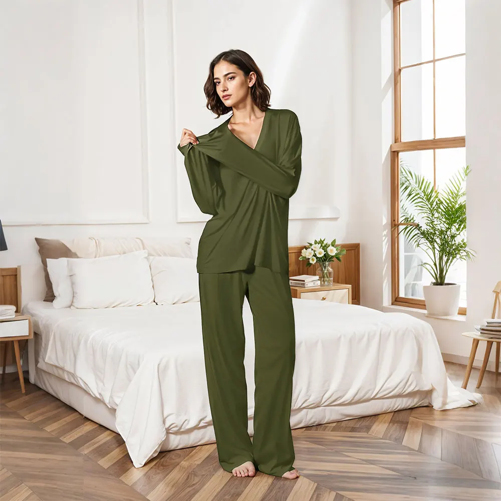 Modishion Women's V-neck long-sleeved pyjamas home wear set loose and comfortable simple and fashionable Sleepwear: 3 - 5 Days Free Delivery Only UK