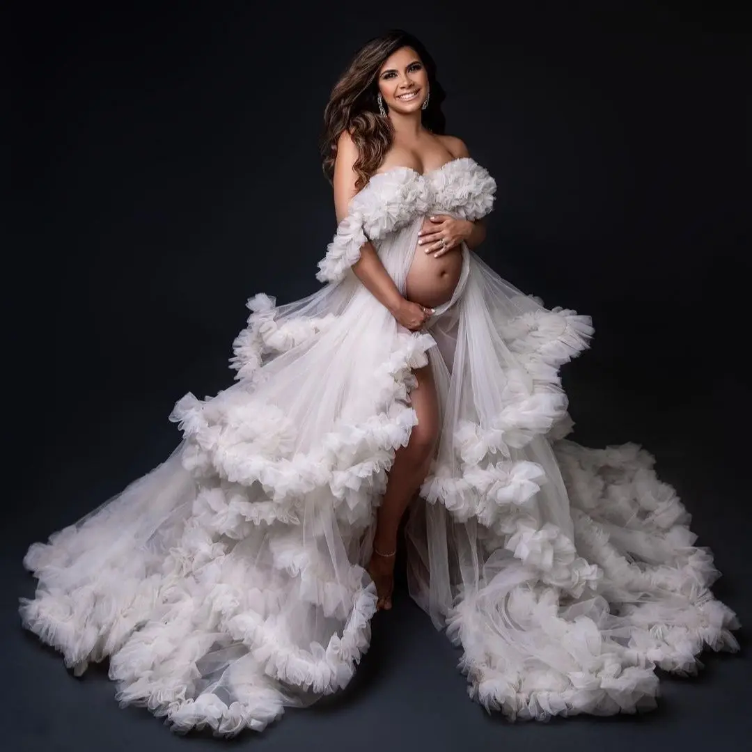 

2023 Boho Prom Dresses Women Maxi Gown Ruffled Baby Shower Dress for Photography Sweetheart Spaghetti Straps Long Party Robes