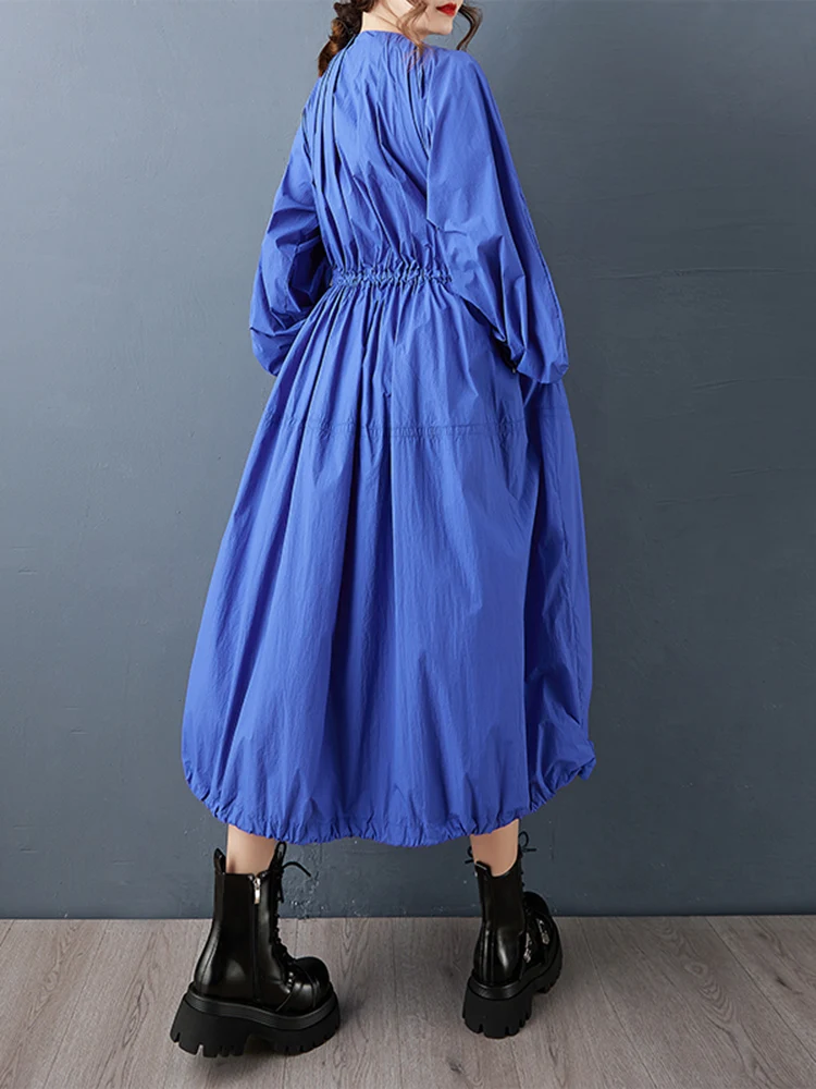 Blue Oversized Zipper Long Trench Coat For Women New Pleated Casual Loose Vintage Outerwear Cardigan Spring Autumn 2025