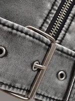 Ailegogo Women Vintage Loose Washed Faux Leather Short Jacket Streetwear Female Zipper Belt Moto Biker Retro Coat Outwear Tops - Image 5