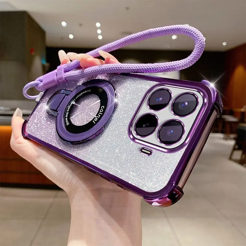 Gradient Glitter Phone Case with Hand Strap and Electroplated Finish