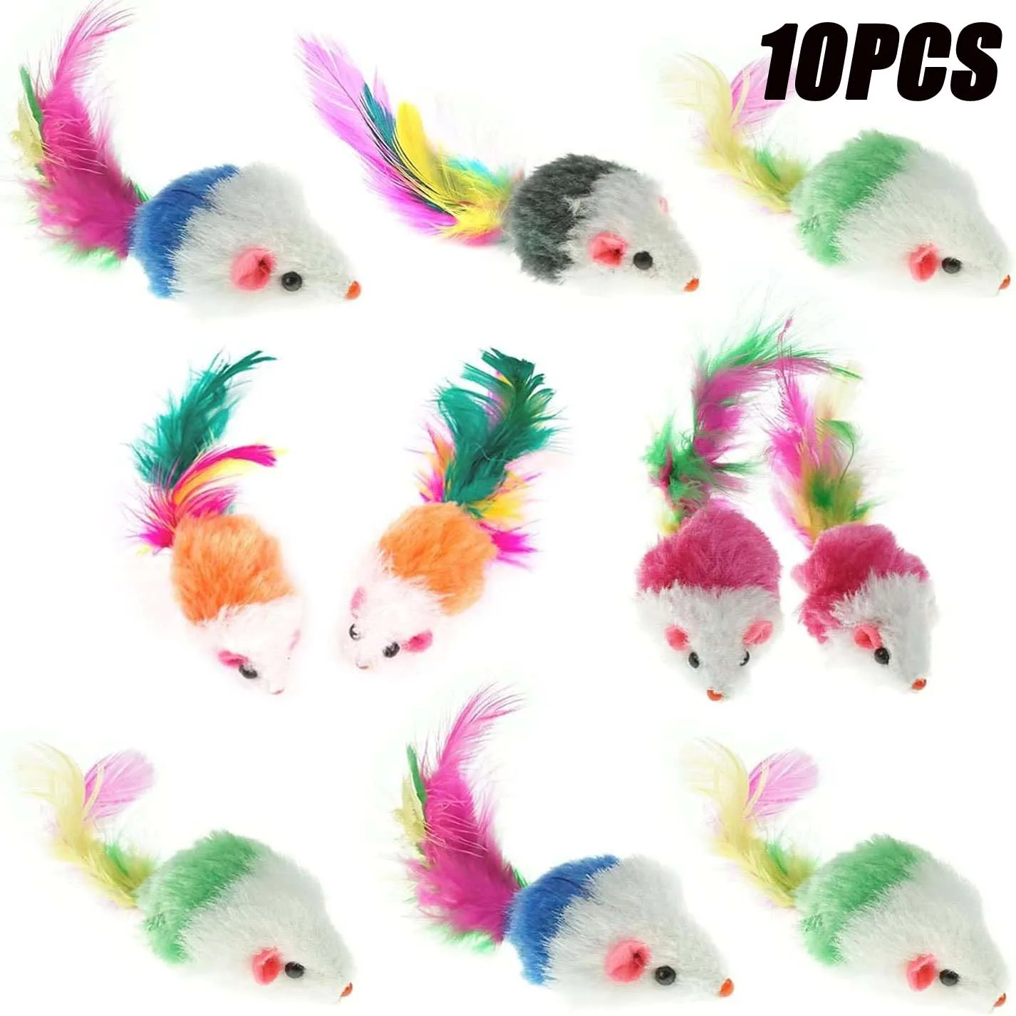 

10Pcs Assorted Color Funny Catnip Feather Tail Interactive Cat Toy Mice Rattle Set Cat Mouse Toys Kittens Pet Toys for Cats