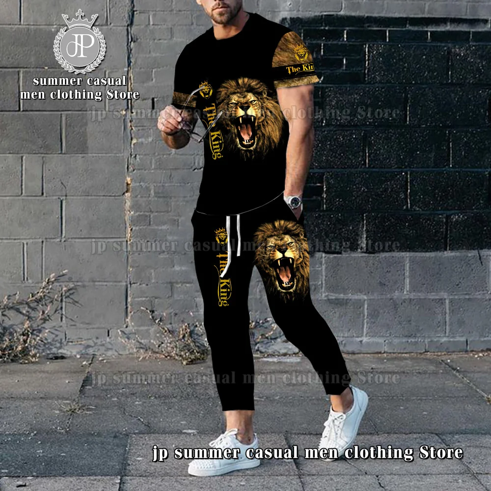 2023 New Men's Tracksuit 2-Piece Lion 3D Print O-Neck Short Sleeve T-shirt+Long Trousers Street Fashion Casual Men Jogging Set