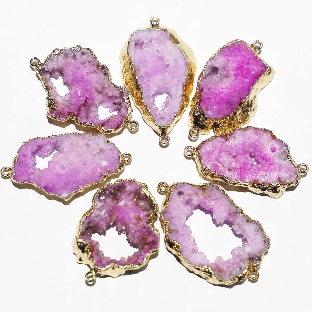 New Natural Stone Slice Pink Agate Irregular Double Hole Connector Pendant Jewelry Making DIY Necklace Bracelet Accessories 6Pcs