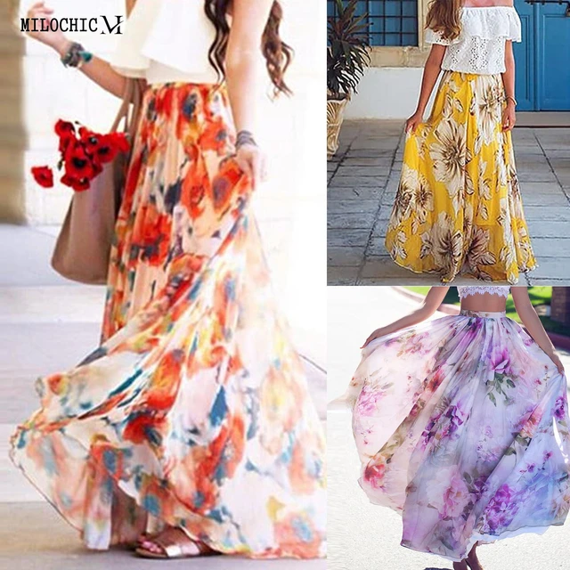 Womens Boho Floral Long Maxi Skirt Ladies High Waist Beach Swing Long Dress