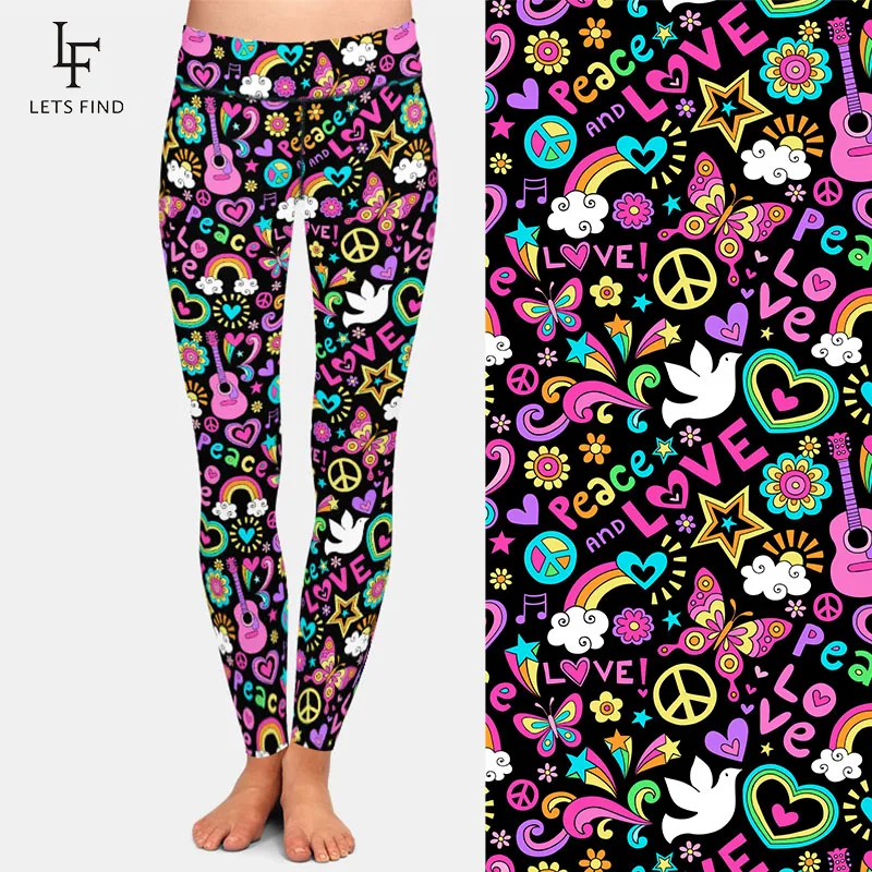 LETSFIND 2020 New Arrival Women Pants Fashion Peace Love and Music Printing High Waist Soft Fitness Elastic Leggings