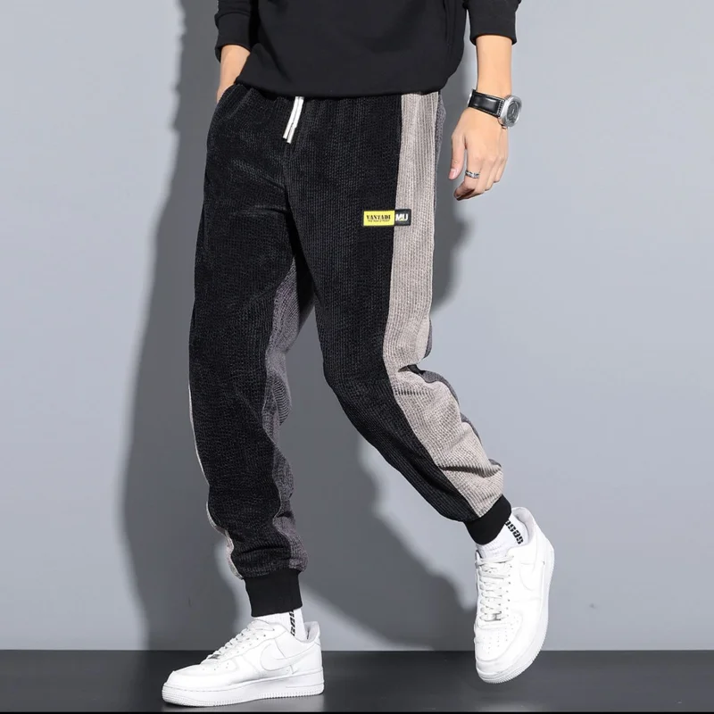 2023 New Men's Clothing Trousers Mid Waist Loose Drawstringharem Autumn Corduroy Thick Fashion Casual Contrast Color Pants