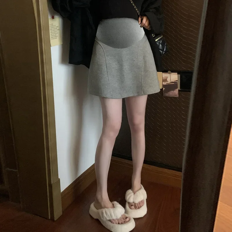 Maternity High Waist A- Line Mini Skirt Grey Women's Autumn Korean Style Anti-Light Slimming Short Skirt for Pregnant Ladies