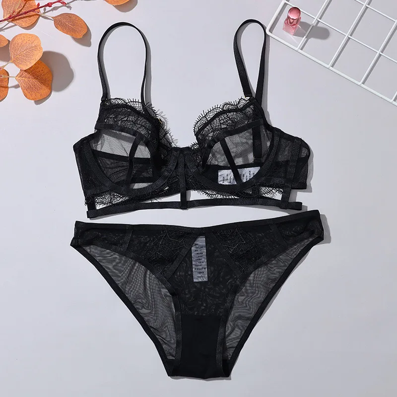Sexy Women's Underwear Set Thin Transparent Small Chest Gathered Lace Bra  Anti sagging See-through hot temptation bra set thong