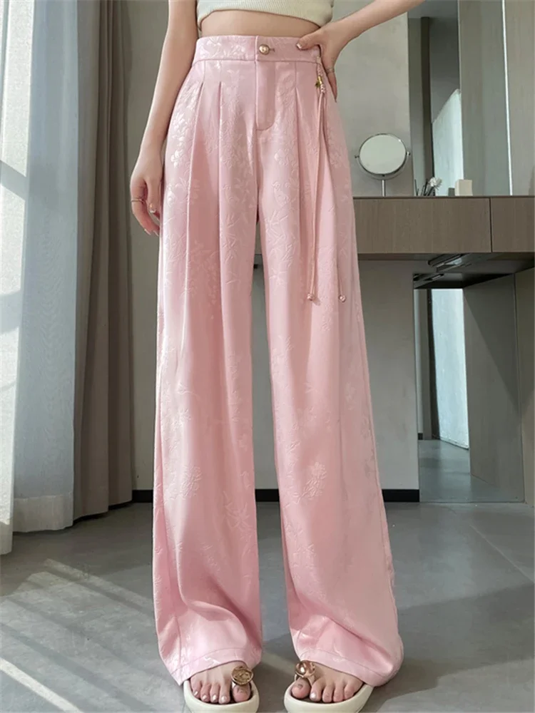 New Chinese Style Jacquard Wide Leg Satin Pants for Women Elegant