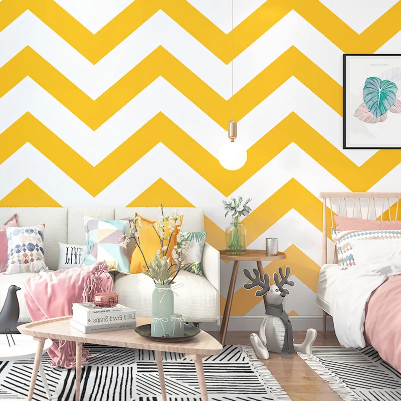 Wavy wallpaper warm yellow Nordic style geometric small fresh and simple living room bedroom TV background wall wallpaper beibehang customize the new modern visual space office simple and atmospheric geometric architectural wallpaper papier peint