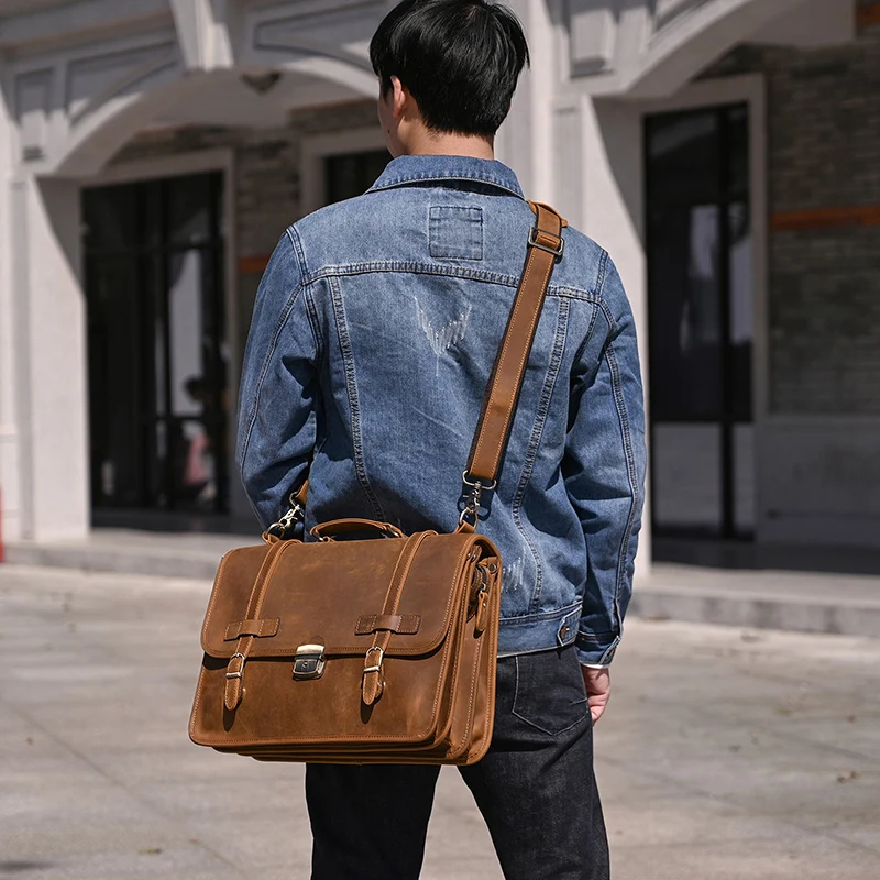 Brown Mens Large Leather Travel Laptop Bags Briefcase