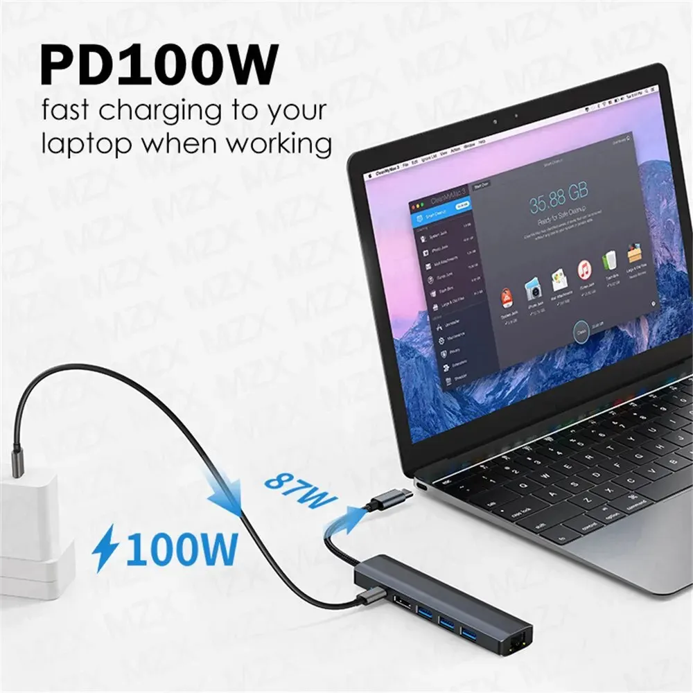 MZX 6 in 1 Docking Station 1000Mbps RJ45 Ethernet USB 3.0 Hub Type C 4K HDMI-Compatible 3 0 Concentrator Adapter Splitter Dock 4