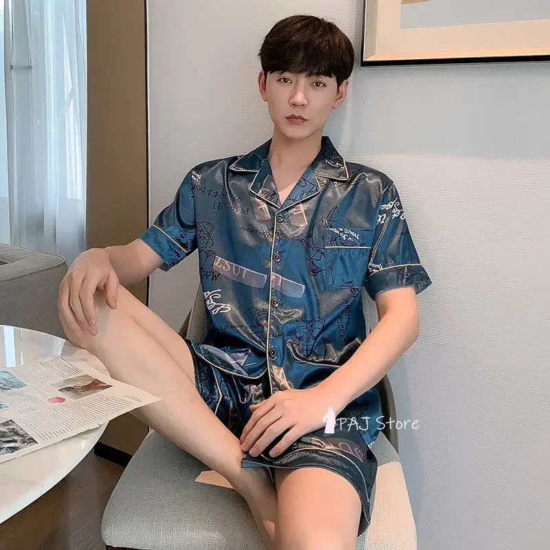Large Size 5XL Men's Pajama Short's For Summer Satin Set Silk Sleepwear Male Pijama Casual Home Clothes Pyjama Homme Pijamas silk pajamas,man pajamas set,satin pajama set