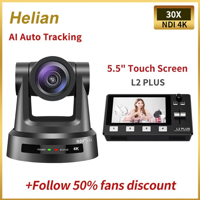 Helian-최고의 스튜디오 방송 키트, 총 가격은 usd1081 = usd749 AI 자동 추적 NDI 4K 30X PTZ 카메라 + USD332 L2 Livepro