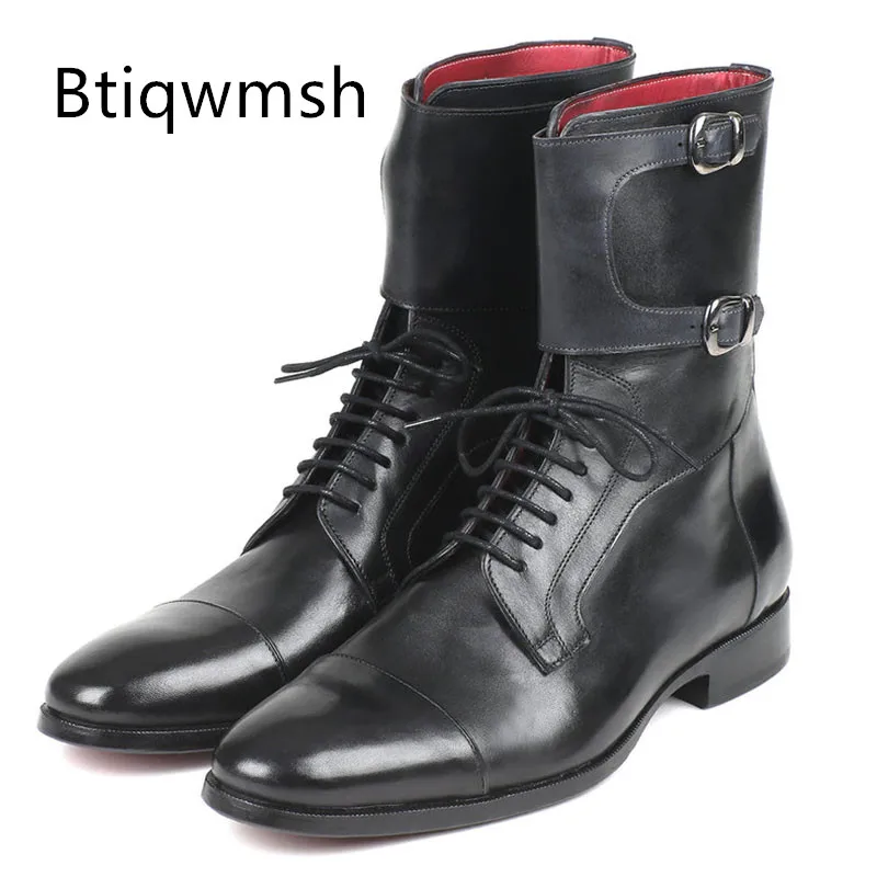 

Black Luxury Ankle Boots Man Pointed Toe Real Cow Leather Double Buckle Flats Male Fashion Winter Shoes For Men