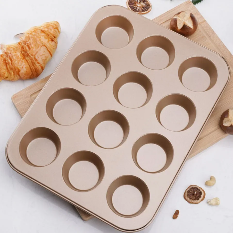 12 Holes Cupcake Baking Tray Non-Stick Steel Muffin Cake Mould Round Pudding Cookies Pan Biscuit Baking Sheet Baking Supplies