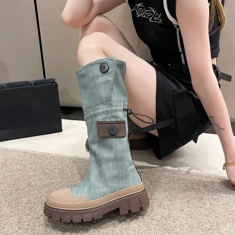 

Уличные модные женские джинсовые сапоги, новинка 2023, осенне-зимние женские сапоги до колена на платформе, высокие сапоги в стиле ретро, женские сапоги на массивной подошве