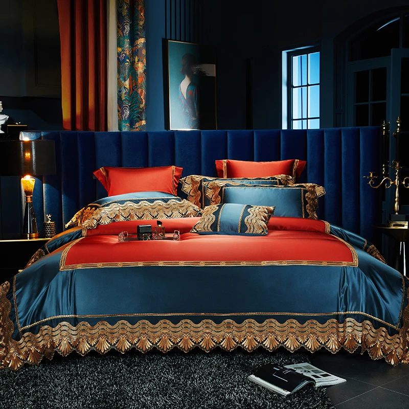Luxurious Lace Embroidery Design Egyptian Cotton Silk Bedding Set Duvet Cover Bed Linen Fitted Sheet Pillowcases Home Textile