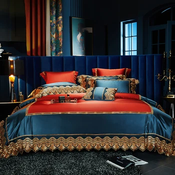 Luxurious Lace Embroidery Design Egyptian Cotton Silk Bedding Set Duvet Cover Bed Linen Fitted Sheet Pillowcases Home Textile
