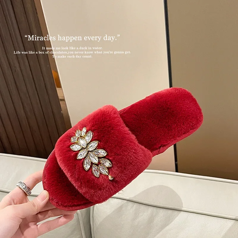 Fur Slippers Women Fashion Winter Fur Slides for Woman Rhinestone Sandals Fluffy Female Shoes Home Indoor Diamond Shoes