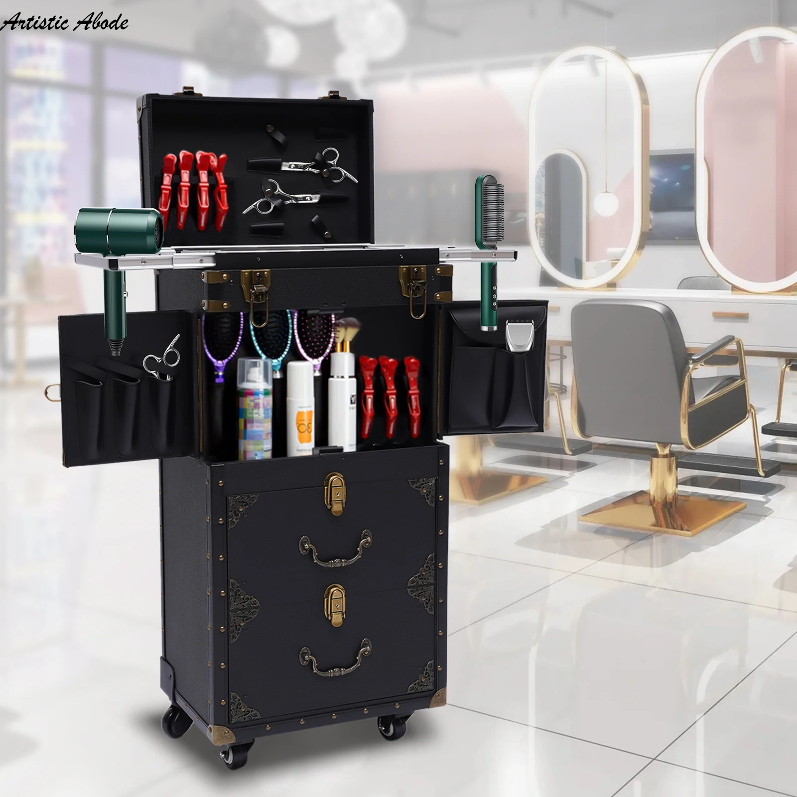 Lockable Wheeled Handcart Makeup Hairstyle, Used As An AuxiliAry Tool For Mileage SalonS And CosmetiCs special tool car for car film application three layer multifunctional storage car washing beauty mobile handcart