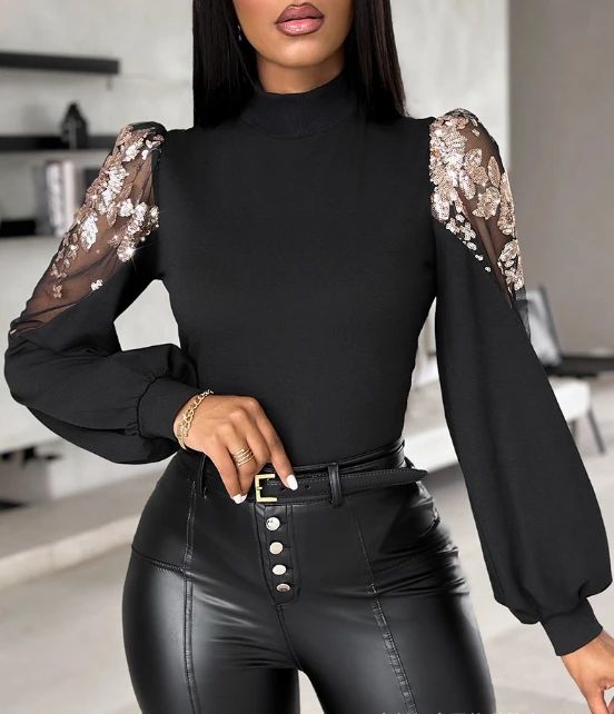 

Elegant Style 2023 Women Blouse Solid Color Collage Design Round Neck Sequin Patchwork Lantern Sleeve Temperament Commuting Top