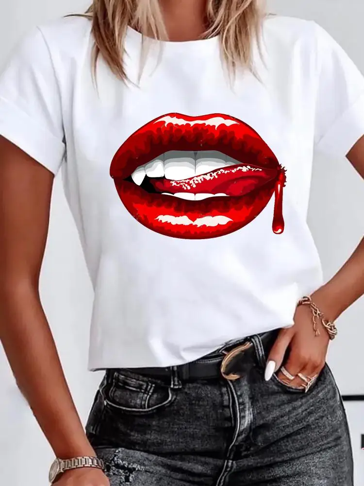 Camiseta con estampado de labios de acuarela para mujer, ropa básica Kawaii de manga corta, moda de los años 90, Verano