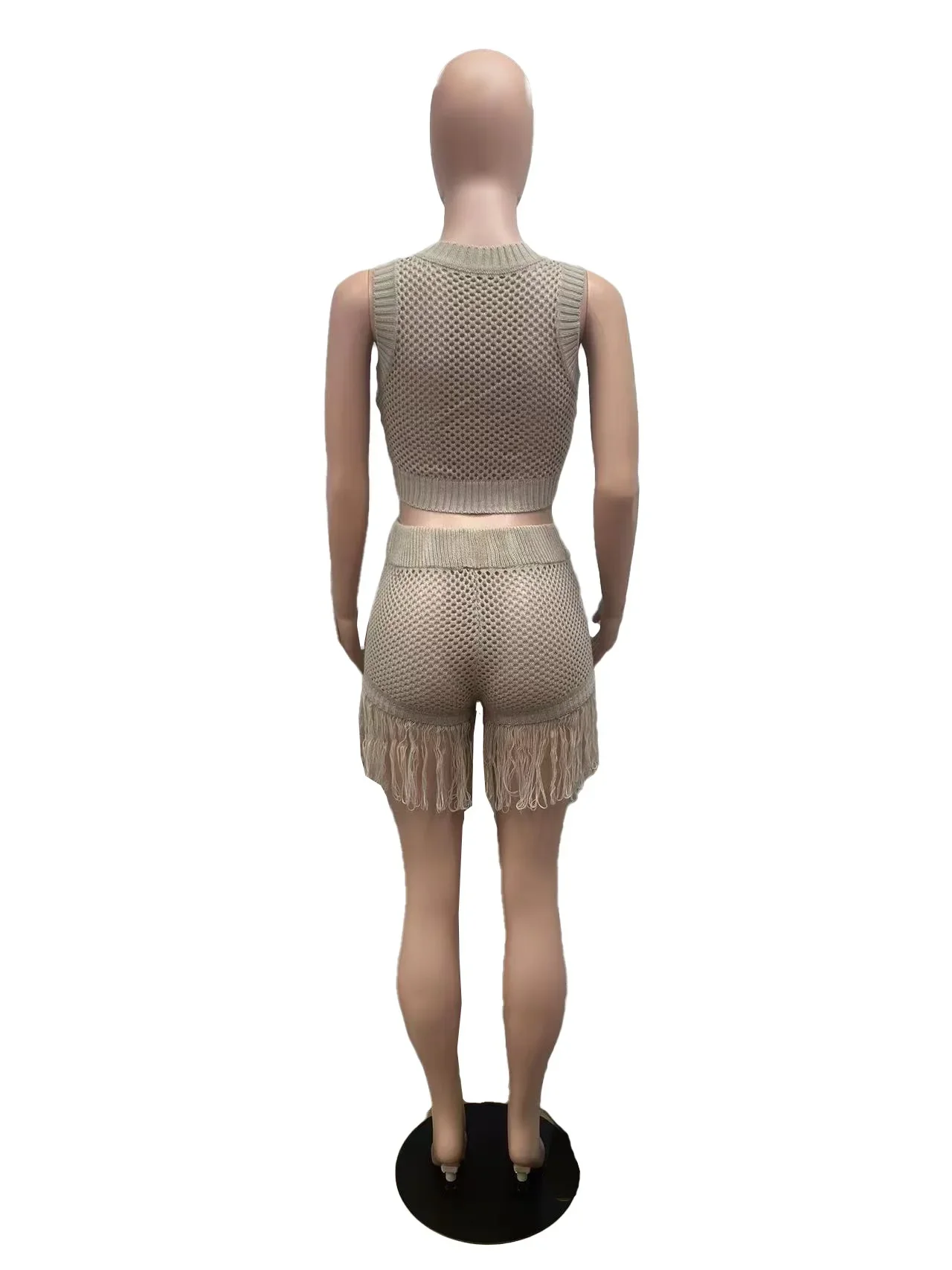 Knit Ribbed Crochet Women's Set O-neck Vest and Tassel Shorts Sets 2024 Summer Street Two 2 Piece Sets Outfits Tracksuit