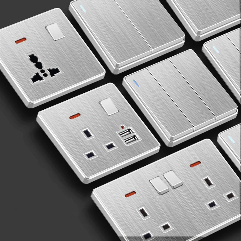 UK-13A-Brushed-Silver-220V-Wall-Light-Switch-Panel-Socket-Universal-USB ...