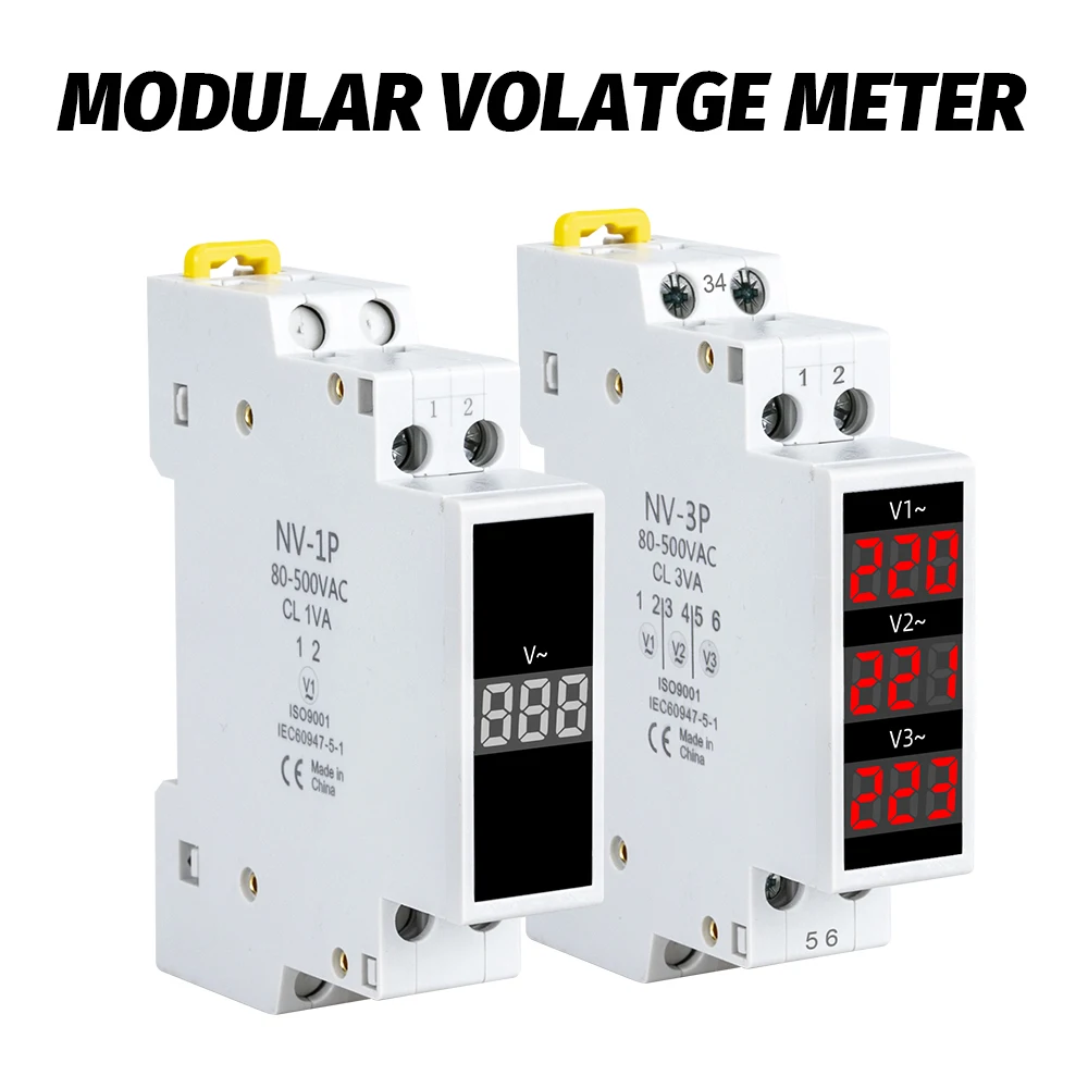 18mm Din Rail AC Voltage Meter 80-500V 220V 380V Single Three Phase Modular Voltmeter Ammeter LED Indicator Digital Volt Tester