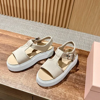 Women's shoes biscuit sandals women's summer platform thick bottom casual canvas sandals round head shallow mouth beach sandals