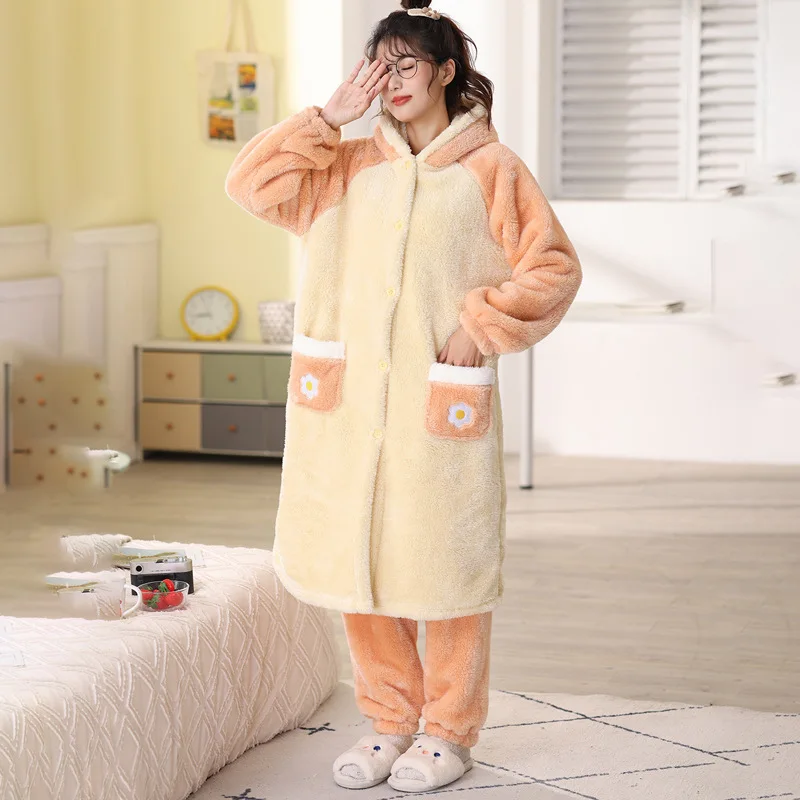 Sweet Womens Pajamas Sets Winter Cosplay Suit Velvet Woman's Nightgown Lady's Fluffy Hooded Cartoon Sleepwear Sleeping Dresses
