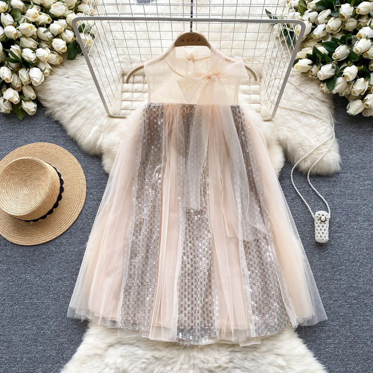 

Sexy Sweet Gauze Bow Loose Short Dress Women New Fashion Summer Sequins Stitching Gauze Sleeveless Casual Clothes Vestidos K978