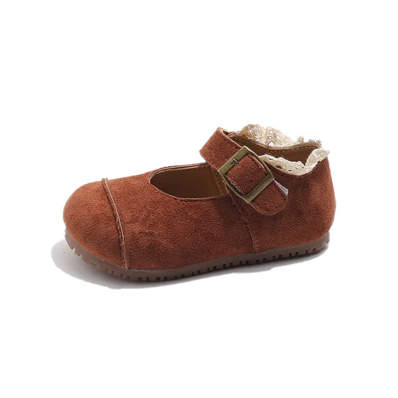 Spring Autumn Kids Flats Shoes Lace Ruffles Little Girls Princess Suede Shoes Soft Hook Loop Non Slip Children I02013