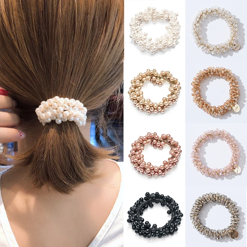1pc Women Crystal Pearls Hair Ties Beads Girls Scrunchies Elastic Rubber Bands Hair Rope