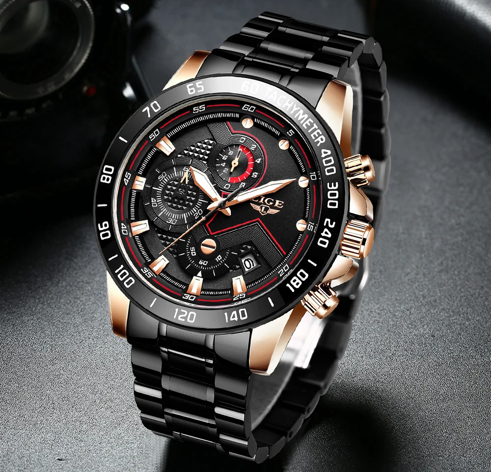 LIGE Fashion Watch Men Top Brand Luxury Stainless Steel Business Quartz Mens Watches Chronograph Casual Sport Wrist Watch Man