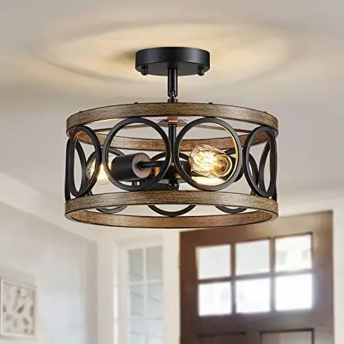 

Chandelier Brushed Nickel, Drum Chandeliers for Dining Room Modern Light Fixture Over Table Farmhouse Metal Wood Grain Pendant 5