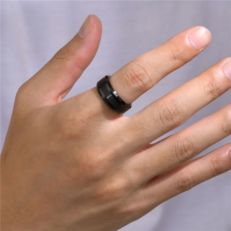8MM Tungsten Carbide Engagement Ring Classic Brushed Beveled Edge Polished black Wedding Band for Men Women